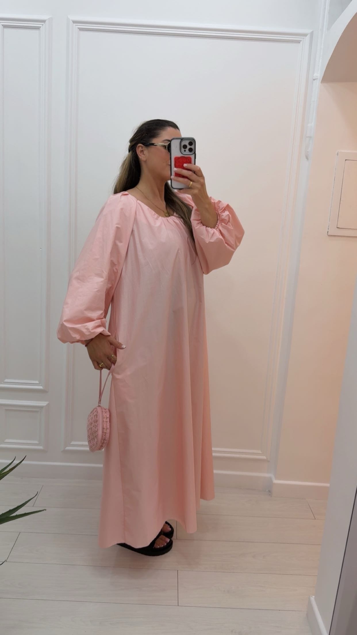 Robe longue en coton manche bouffante rose bébé