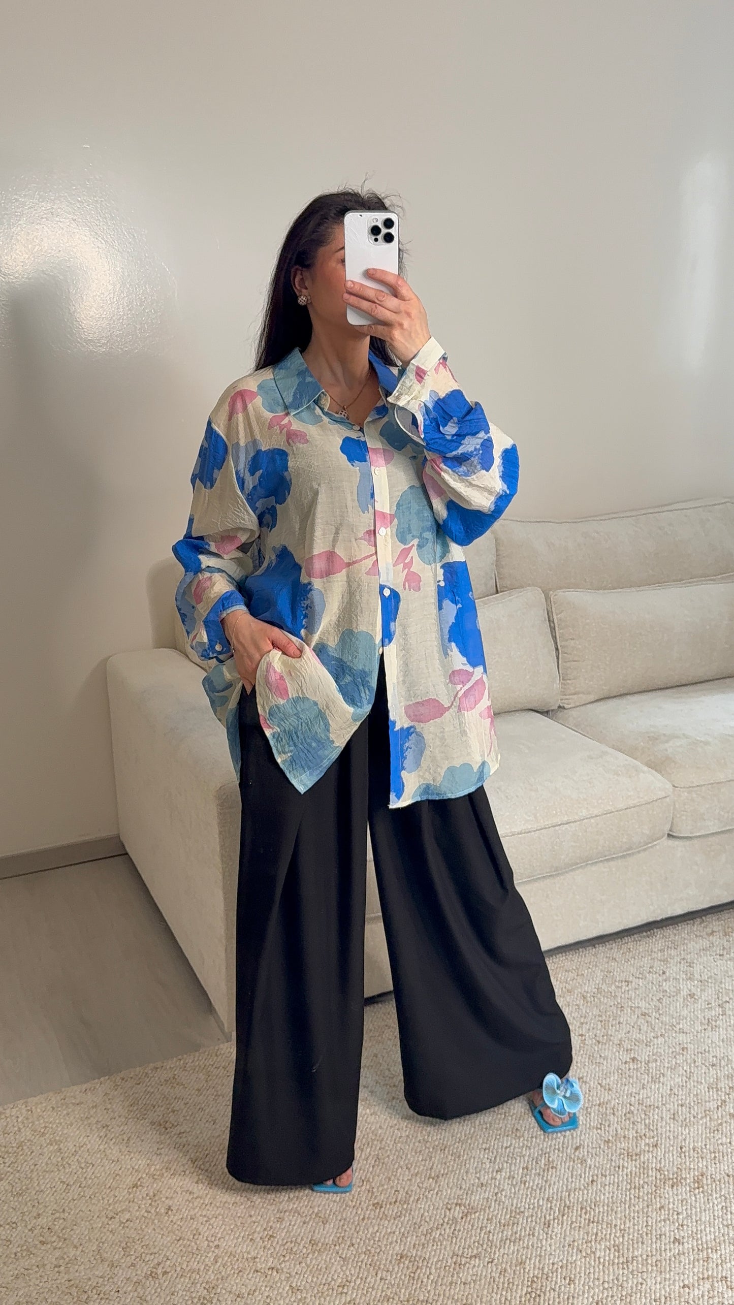 Chemise oversize à fleur bleu