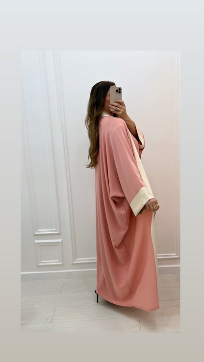 Abaya ample fluide 2 pièces robe + kimono à bordure beige