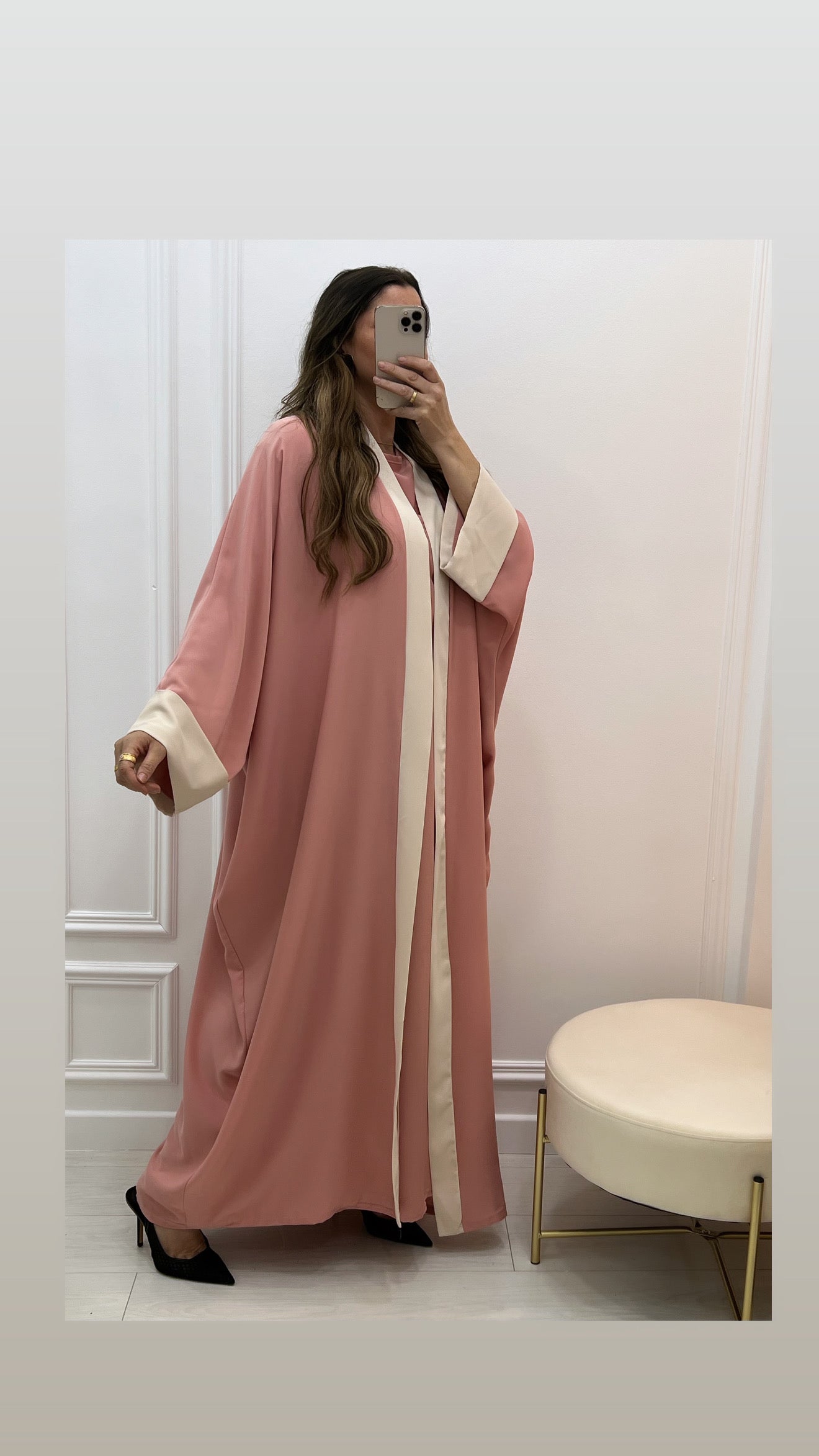 Abaya ample fluide 2 pièces robe + kimono à bordure beige