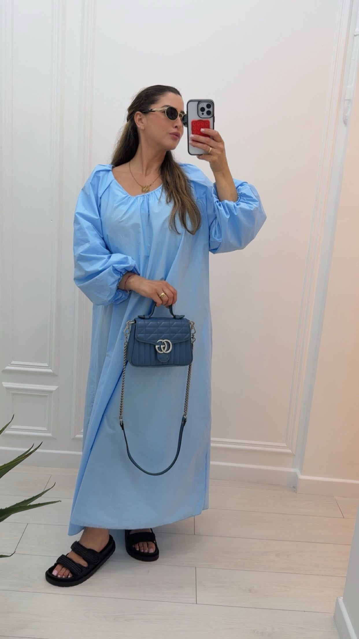 Robe longue en coton manche bouffante bleu bébé