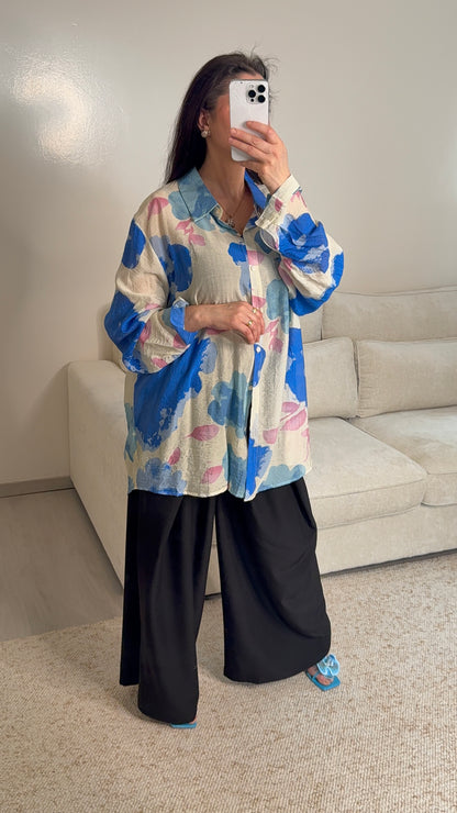 Chemise oversize à fleur bleu
