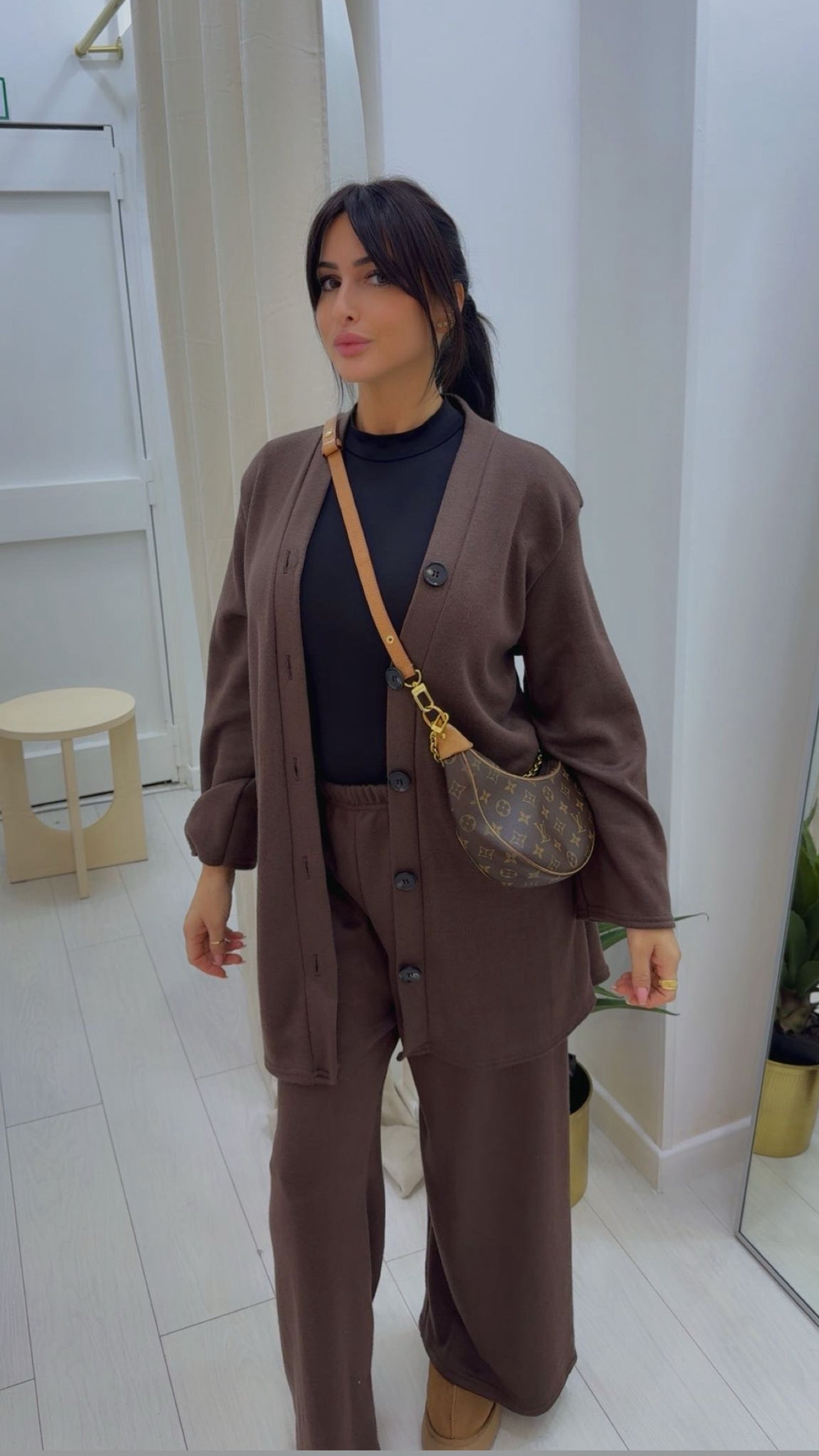 ENSEMBLE MAILLE PANTALON + PULL GILET CHOCOLAT