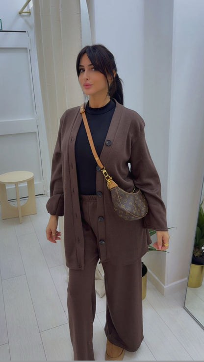 ENSEMBLE MAILLE PANTALON + PULL GILET CHOCOLAT