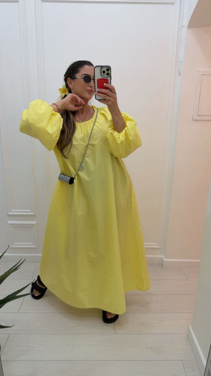 Robe longue en coton manche bouffante jaune bébé