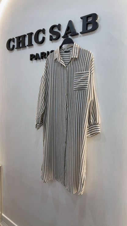 Robe chemise à rayures beige