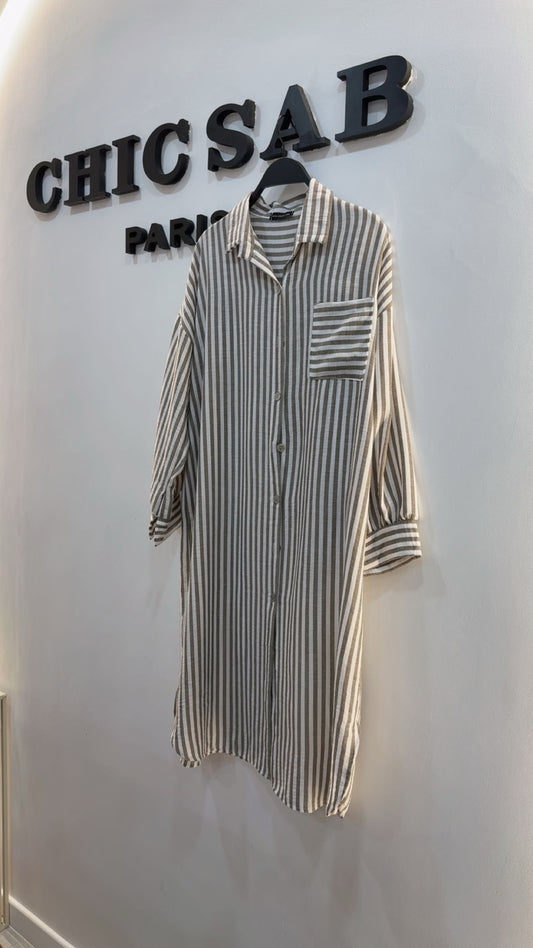 Robe chemise à rayures beige