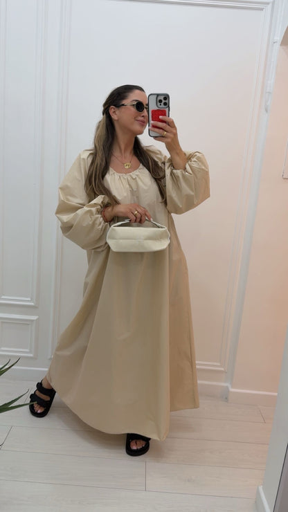 Robe longue en coton manche bouffante beige bébé