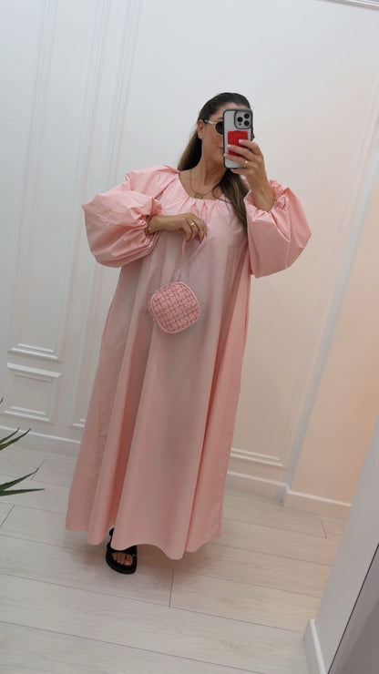 Robe longue en coton manche bouffante rose bébé