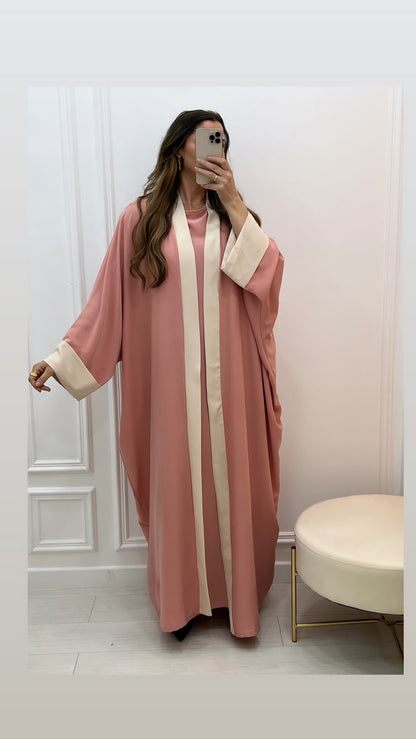 Abaya ample fluide 2 pièces robe + kimono à bordure beige