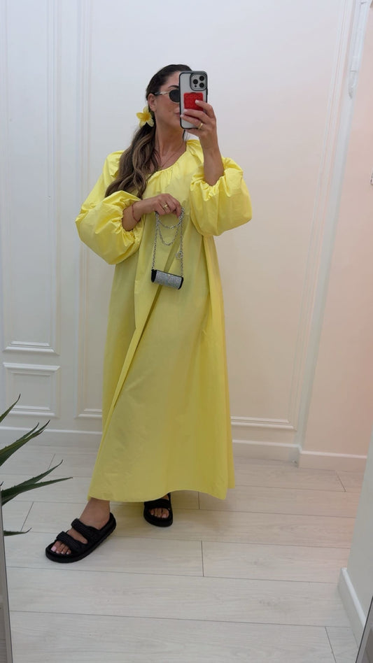 Robe longue en coton manche bouffante jaune bébé