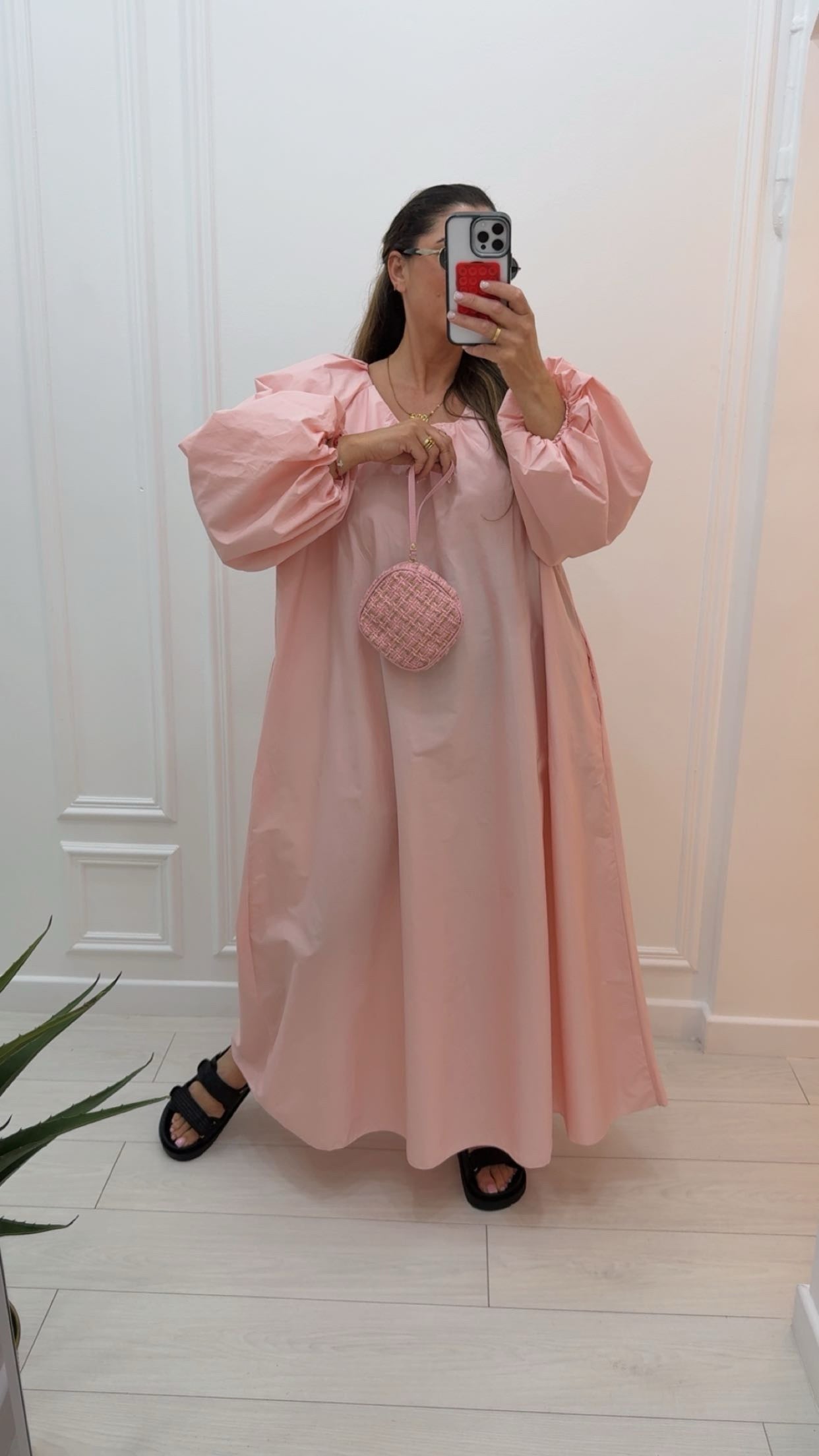Robe longue en coton manche bouffante rose bébé