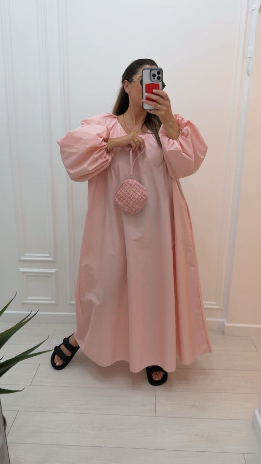 Robe longue en coton manche bouffante rose bébé