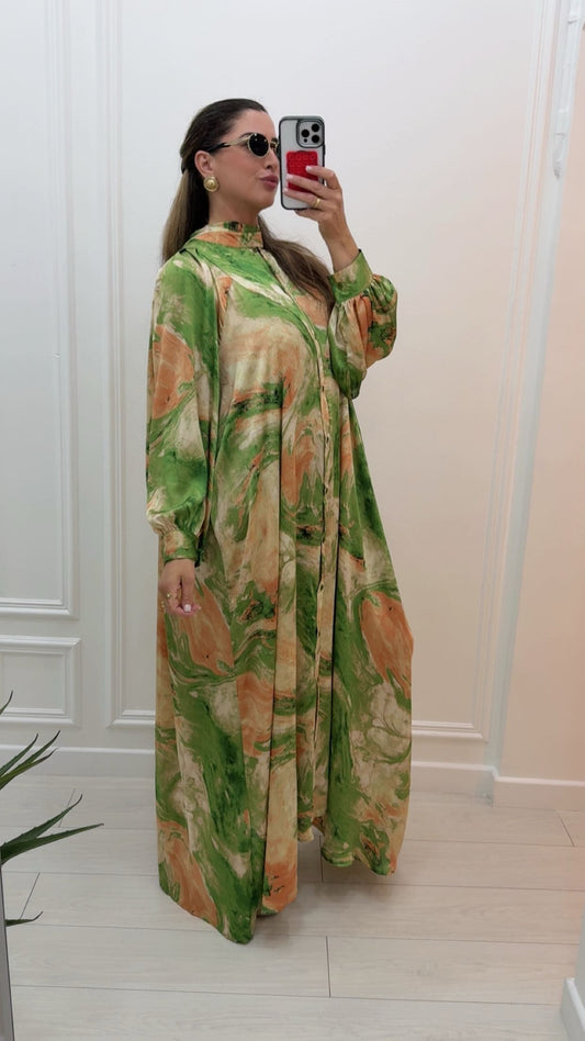 Robe Bali longue satinée à motifs vert