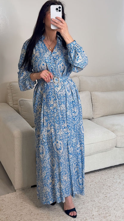 Robe lange bleu imprimée