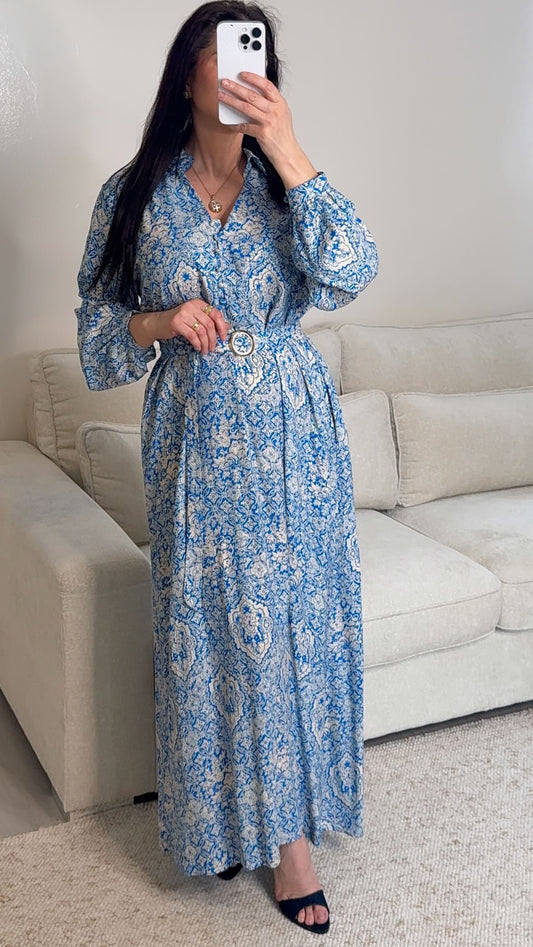 Robe lange bleu imprimée