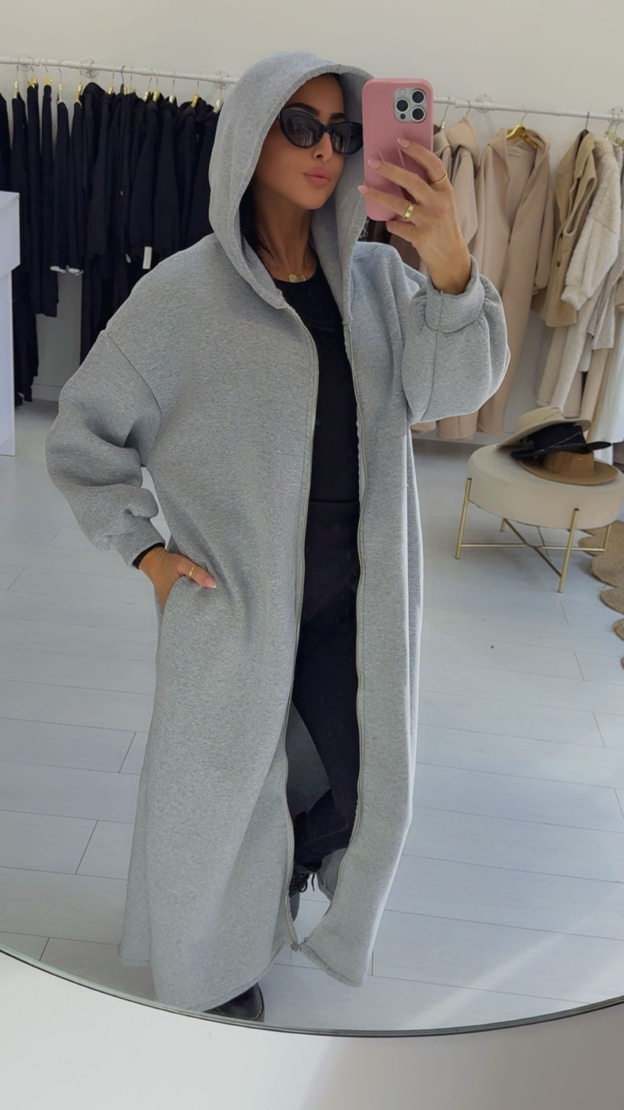 Maxi sweat-shirt à capuche zippé gris