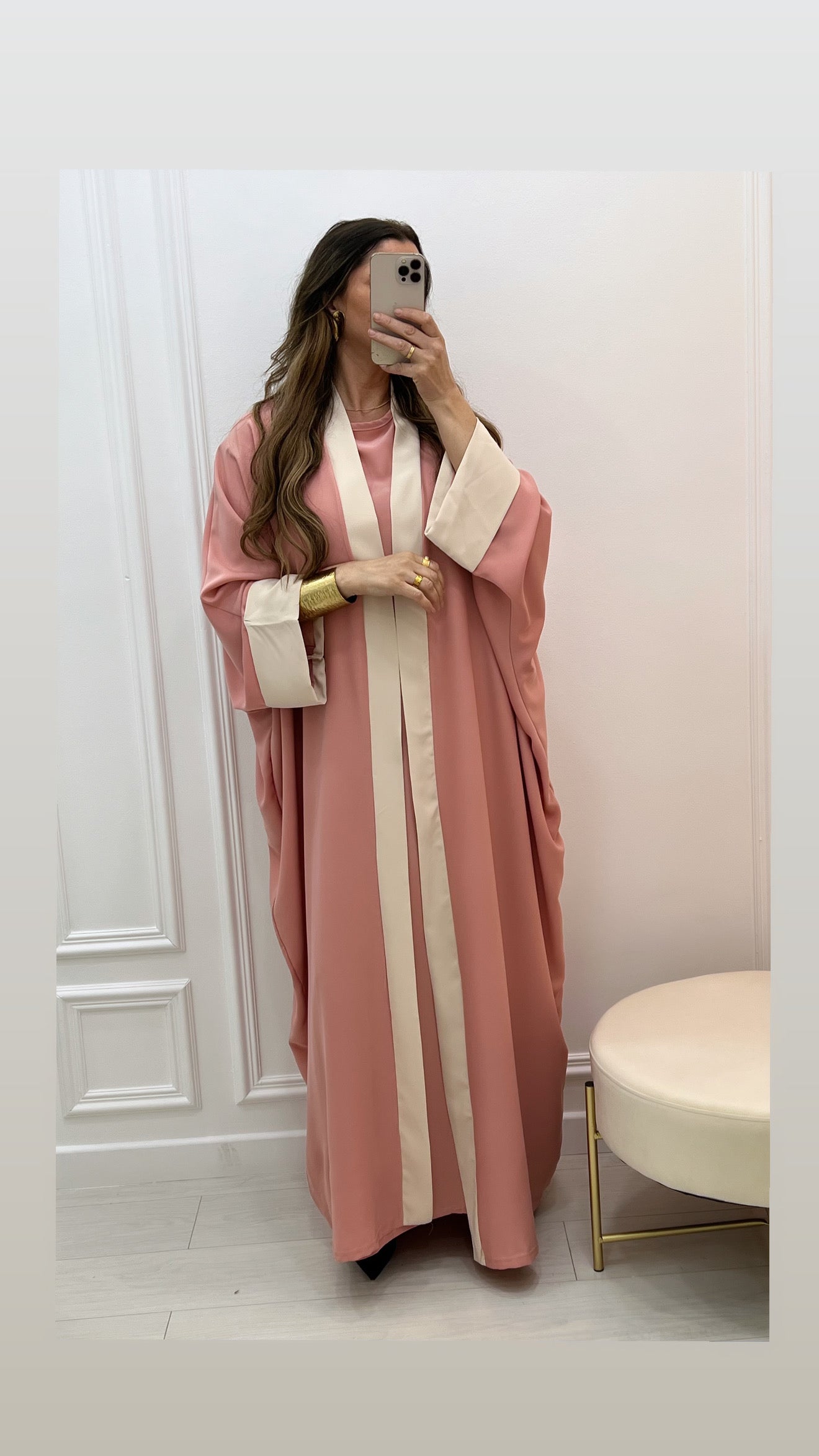 Abaya ample fluide 2 pièces robe + kimono à bordure beige