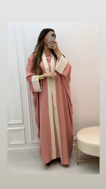 Abaya ample fluide 2 pièces robe + kimono à bordure beige