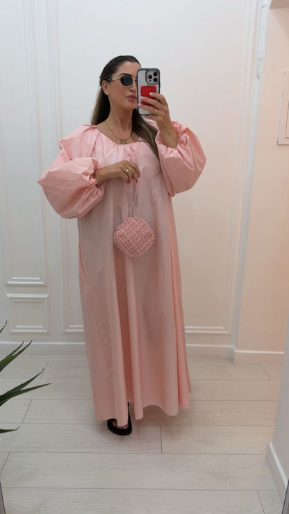 Robe longue en coton manche bouffante rose bébé