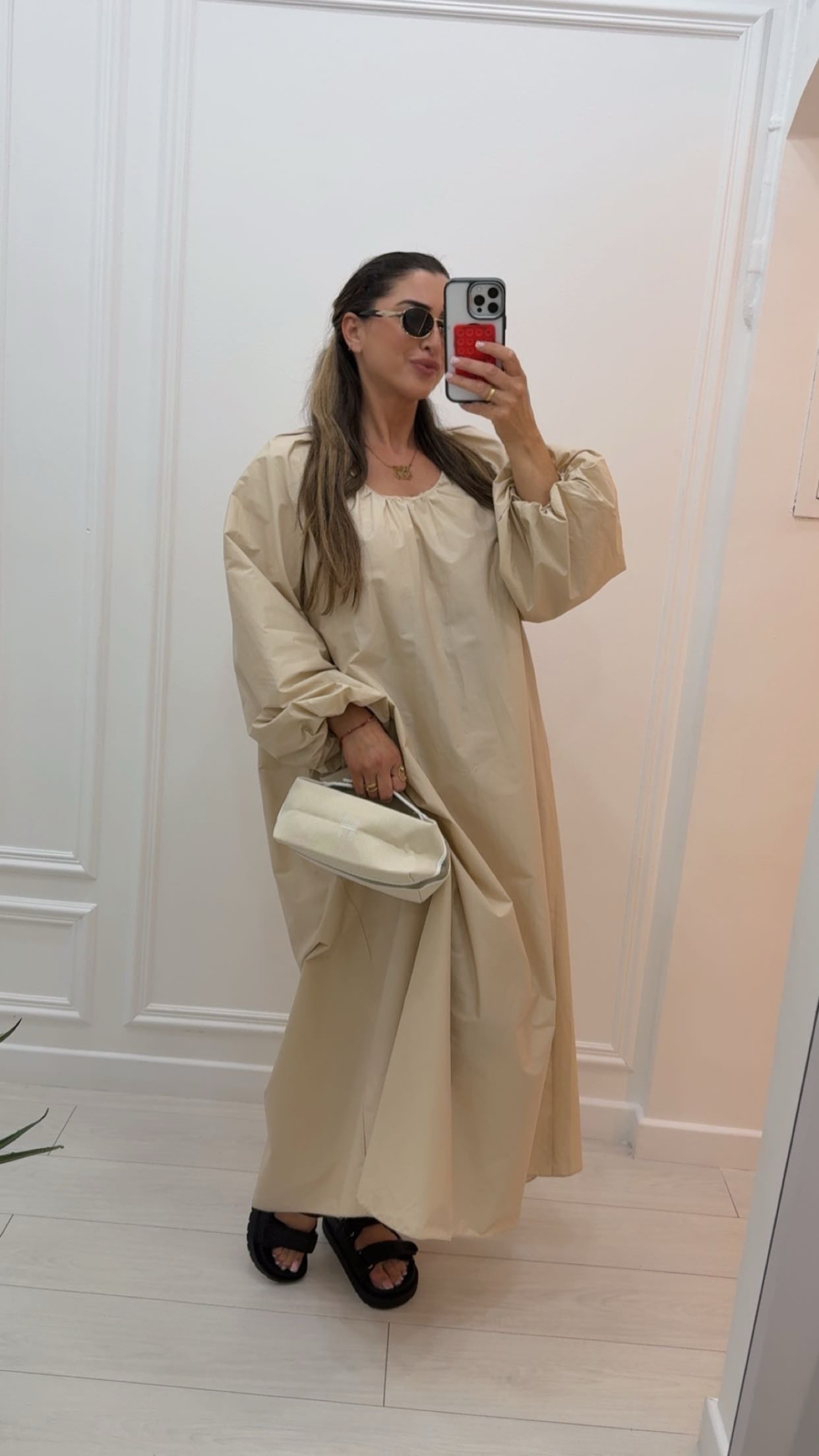Robe longue en coton manche bouffante beige bébé