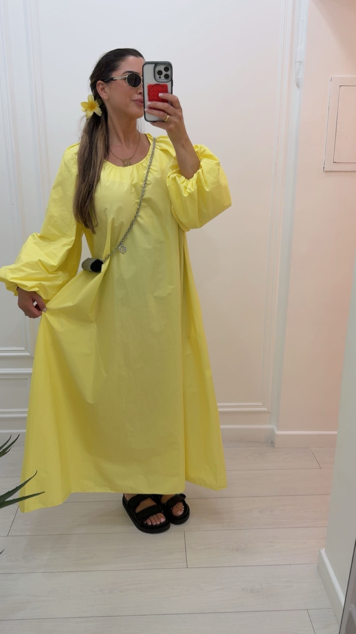 Robe longue en coton manche bouffante jaune bébé
