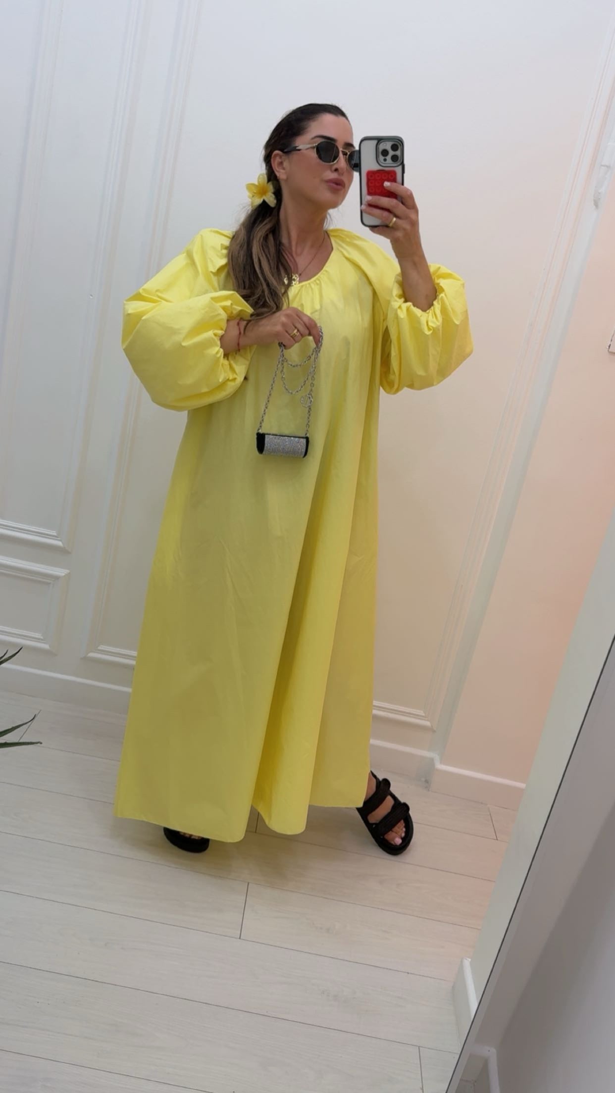 Robe longue en coton manche bouffante jaune bébé