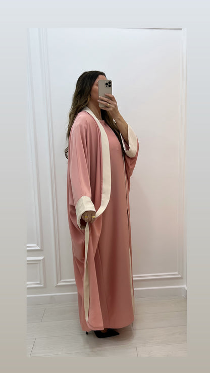 Abaya ample fluide 2 pièces robe + kimono à bordure beige