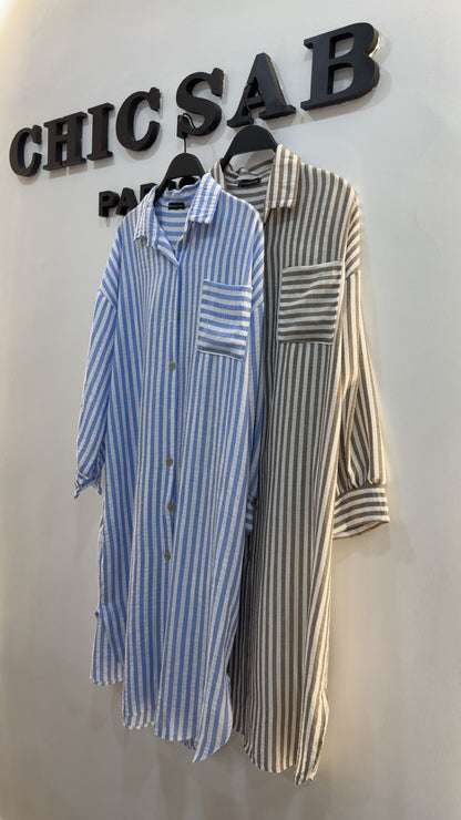 Robe chemise à rayures beige