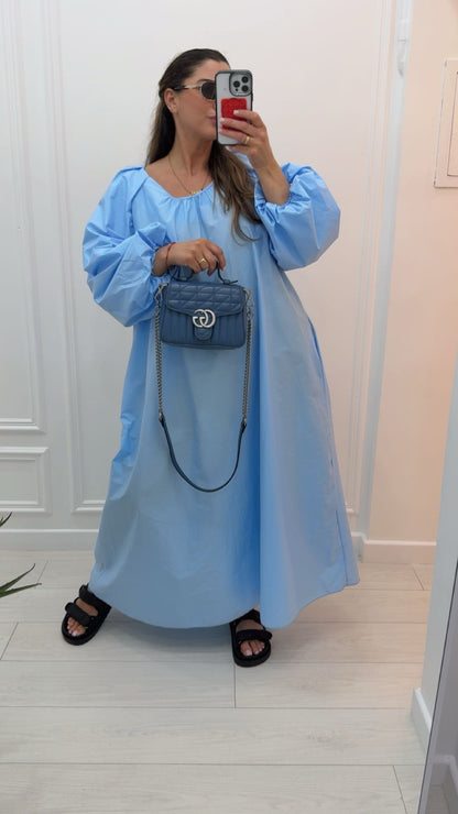 Robe longue en coton manche bouffante bleu bébé