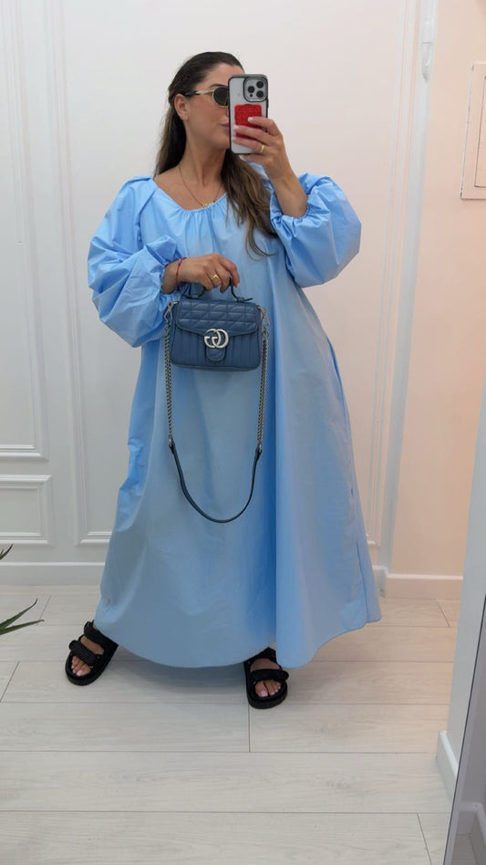 Robe longue en coton manche bouffante bleu bébé