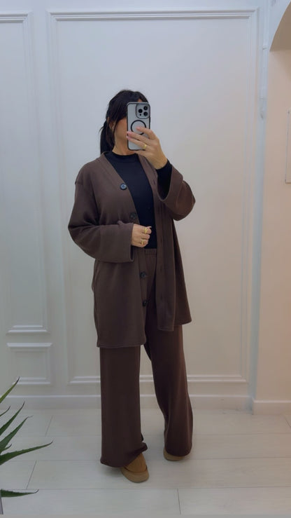 ENSEMBLE MAILLE PANTALON + PULL GILET CHOCOLAT