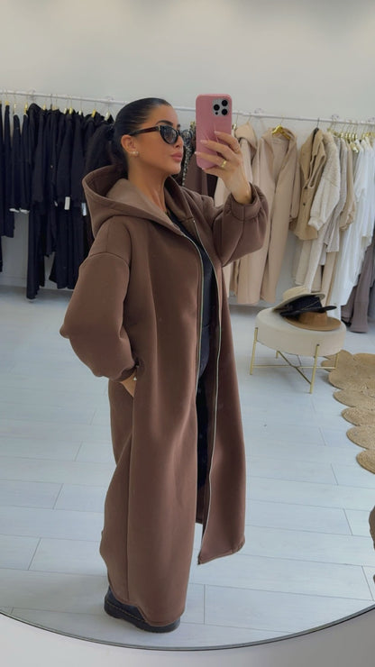 Maxi sweat-shirt à capuche zippé chocolat